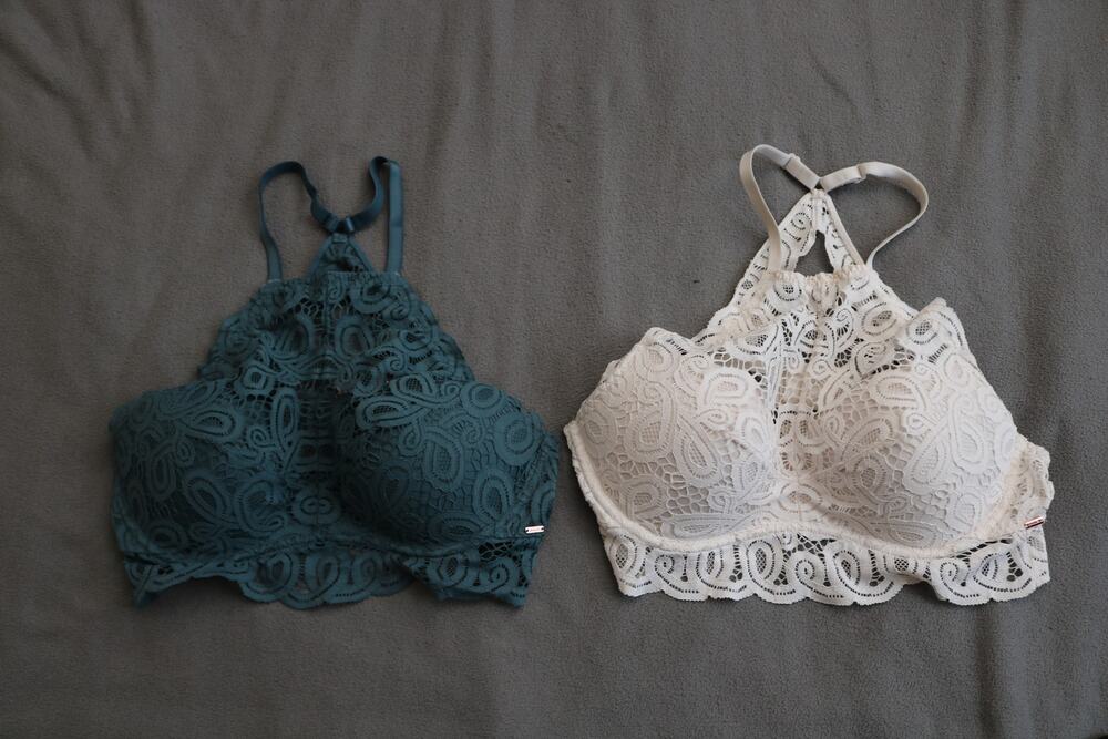 VICTORIAS SECRET PINK Halter Bra Lot Large Green White Lace High Neck Push Up